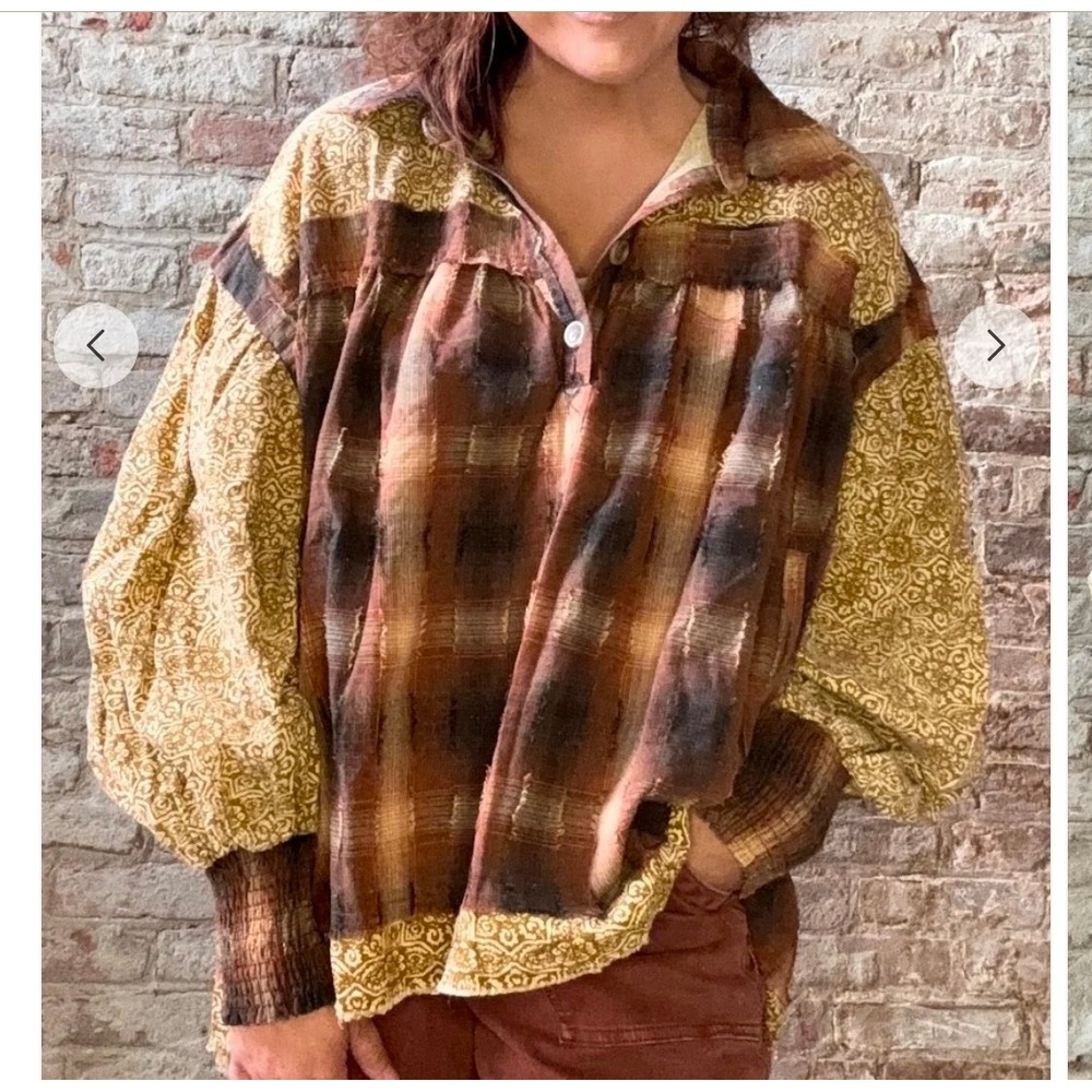 Oli & Hali Peasant Top Size Small Brown Patchwork Plaid Oversized Boho Tunic
